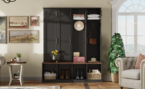 English Elm [Assembly Video] Farmhouse Hall Tree with Walnut Bench, 8-Door Shoe Cabinet, 4 Hooks & Open Storage Organizing Entryway Black N721S000059B