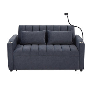 English Elm 55.9" Convertible Sofa Bed Loveseat with 3 USB Ports, Cup Holders, Side Pockets & 360° Phone Swivel Blue-gray WF322620AAC