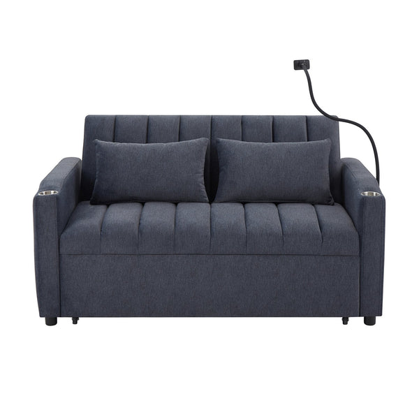 English Elm 55.9" Convertible Sofa Bed Loveseat with 3 USB Ports, Cup Holders, Side Pockets & 360° Phone Swivel Blue-gray WF322620AAC