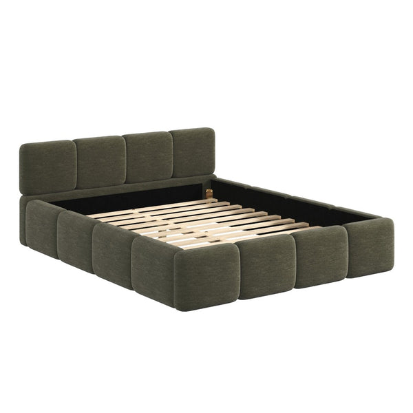 English Elm Queen Boucle Upholstered Platform Bed Low Profile Block Silhouette for Modern Bedroom N757P385459D