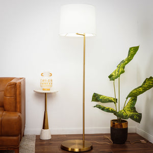 English Elm Ashcroft Furniture - Zenith Elegant Offset Brass Floor Lamp with Drum Linen Shade, Gold & White Finish for Cozy Ambient Lighting B183P231753