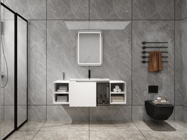 English Elm 54" Floating Bathroom Vanity Glossy White Plywood Cabinet with Ceramic Sink Grey Glass Door W999S00530