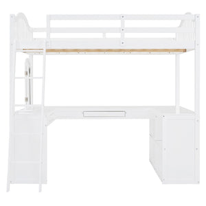 English Elm Full Wood Loft Bed with Wraparound Study Desk Built-in Storage and Vanity Mirror N708S00008K