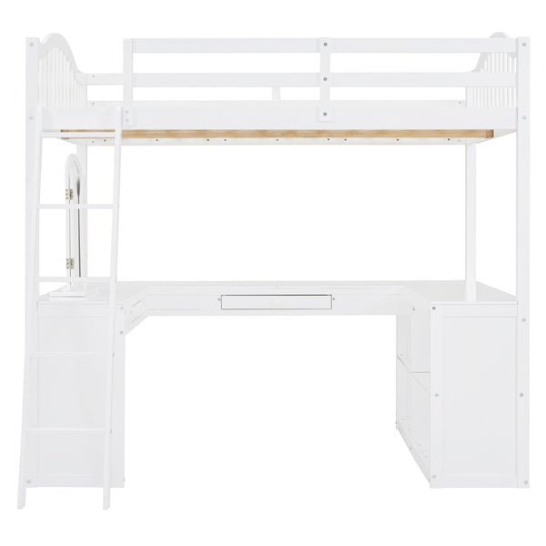 English Elm Full Wood Loft Bed with Wraparound Study Desk Built-in Storage and Vanity Mirror N708S00008K