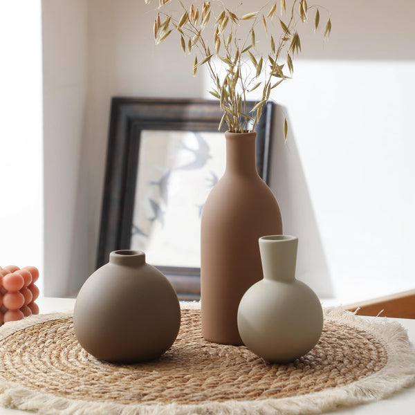 English Elm Rustic Matte Ceramic Vase Trio Neutral Tones Shelf Mantel Farmhouse Boho Decor Brown+Gray W2181P475132