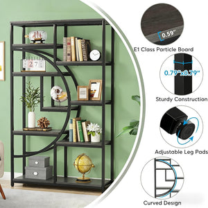 English Elm Geometric Nine Shelf Iron Frame Bookcase Rustic Industrial Freestanding Display Tower T3971P448087
