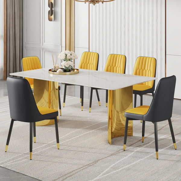 English Elm Table Set With Glass Marble Top & 6 Orange/Dark Gray Pu Chairs – Chic Dining Experience Awaits! W1151S04359-GIGA