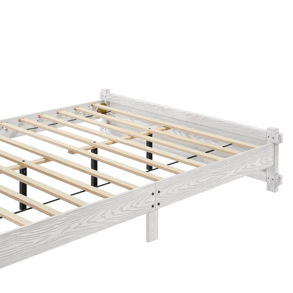 English Elm Queen Farmhouse Platform Bed Antique White Wood Grain Two-tiered Headboard Solid Frame N758P369329W