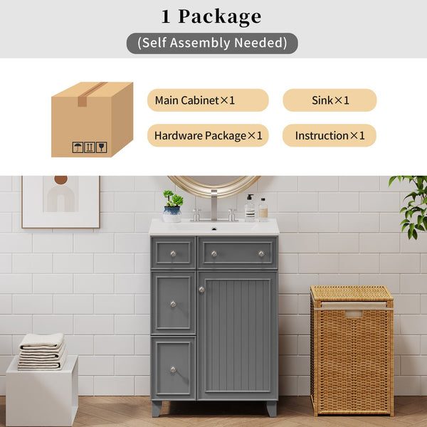 English Elm 24" Gray Bathroom Vanity Cabinet with Ceramic Sink, Soft-Close Door, 2 Drawers, Smart Storage, Durable Design N729P264336E