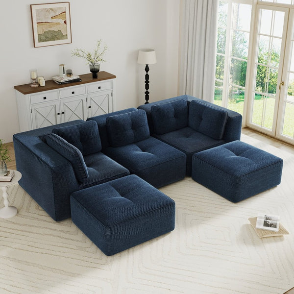 English Elm Modern Corduroy Sectional Sofa with Tufted Cushions Dual Ottomans and Deep Seating Blue W714S01803