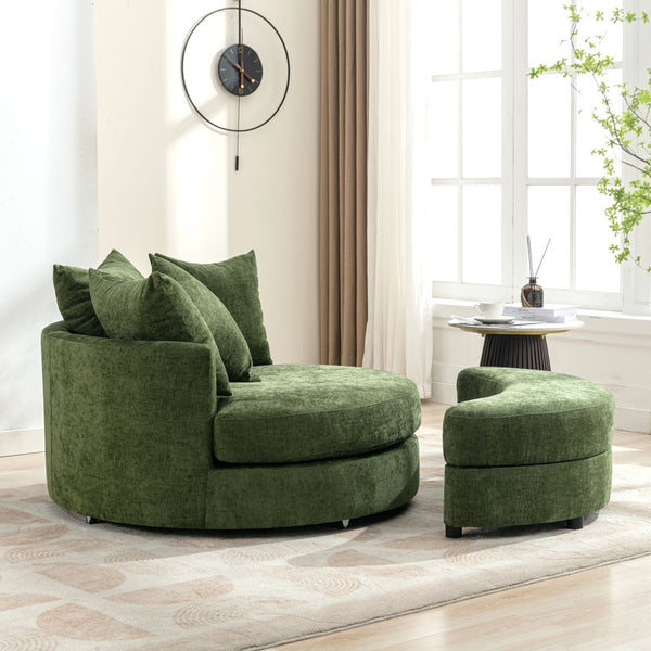 English Elm Orisfur. 360° Swivel Barrel Chair with Storage Ottoman, Plush Chenille, Pocket Spring Seat, 4 Pillows Green WF323718AAF