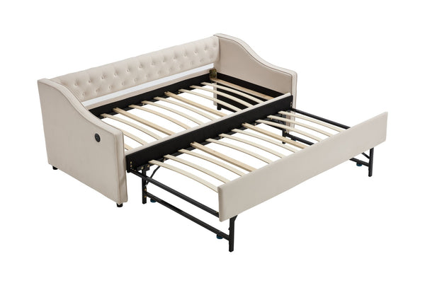 English Elm Twin Velvet Daybed with Pull Out Trundle Tufted Back Usb Port and Side Pockets Beige W1361S00035