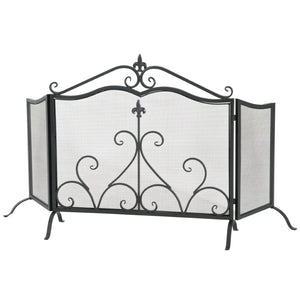 English Elm Onyx 3-panel Forged Iron Fireplace Screen with Fleur-de-lis Scrollwork Matte Black N775P386819B