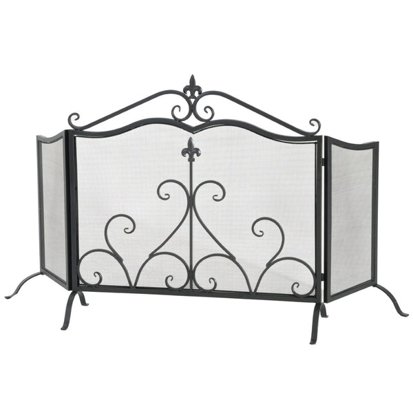 English Elm Onyx 3-panel Forged Iron Fireplace Screen with Fleur-de-lis Scrollwork Matte Black N775P386819B
