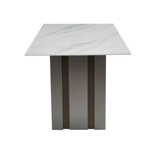 English Elm 69.30 Inch Rectangular Dining Table Marble Pattern Top with Polished Steel Legs Seats Six W3357S00002