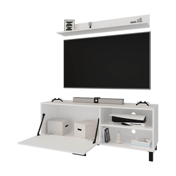 English Elm White TV Stand Compact 1-Door with Open Storage, Pneumatic Height Adjustment, Crisp White Finish and Timeless Design B062P323170