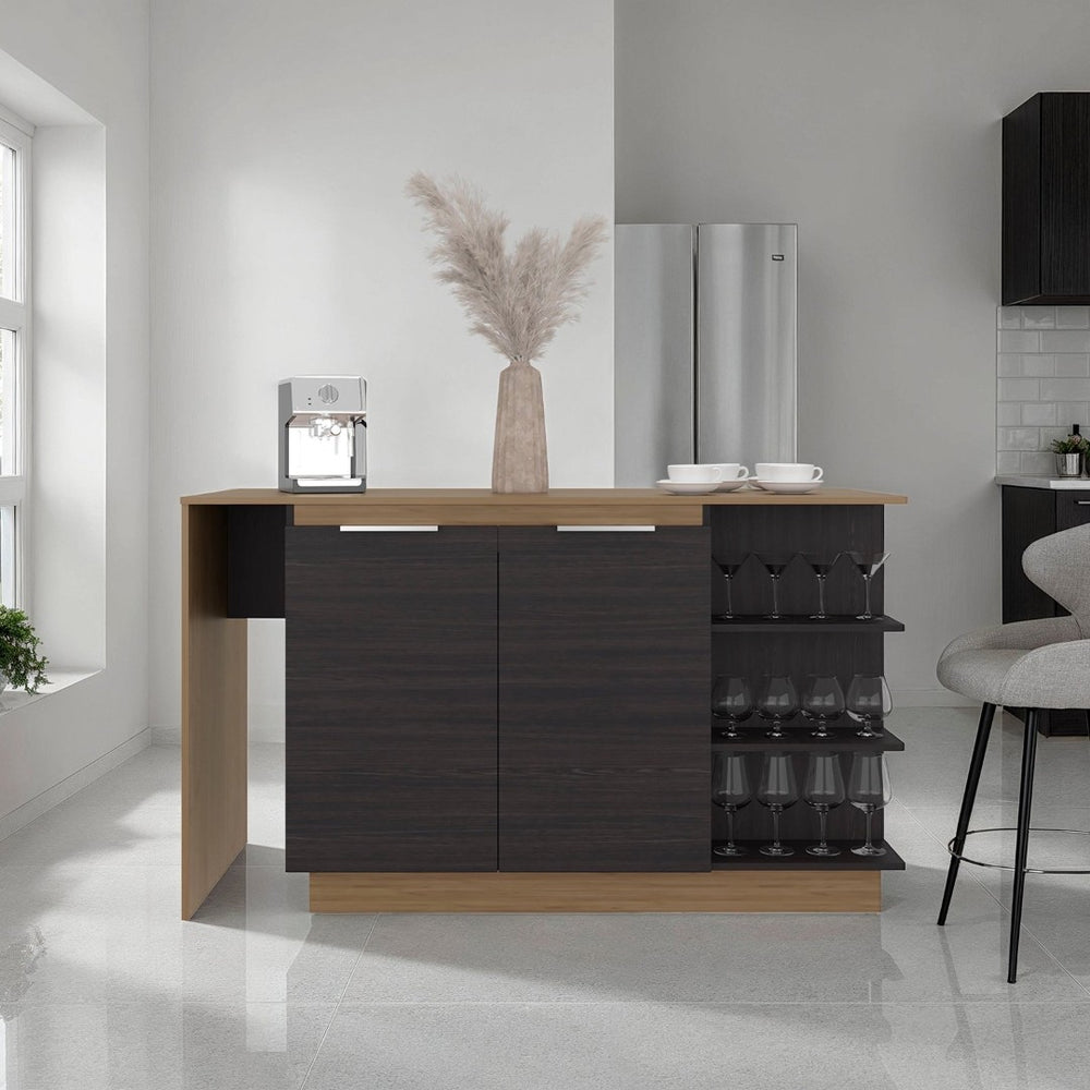 English Elm Wenge Two-tone Oak Kitchen Island with Stemware Rack Open Shelving and Cabinet B062S01861