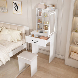 English Elm Modern Mini Dressing Table LED Vanity with Adjustable 3-Mode Brightness, Hidden Storage & Stool (White) W2699P296516