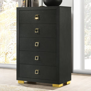 English Elm Modern Sleek 5-Drawer Chest with Gold Square Pulls and Metal Bracket Legs for Luxe Bedroom Storage Black 19 L x 34 W x 52 H B2741P370836