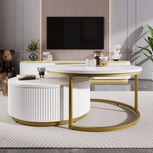 English Elm Modern Round Nesting Coffee Table Fluted with Drawer in Gold Finish — Elegant MDF Top, Space-Saving Design White N735P254992K