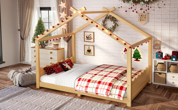 English Elm Twin House Frame Floor Bed Solid Pine Kids Room Montessori Low Profile Play Nook W1580P387841