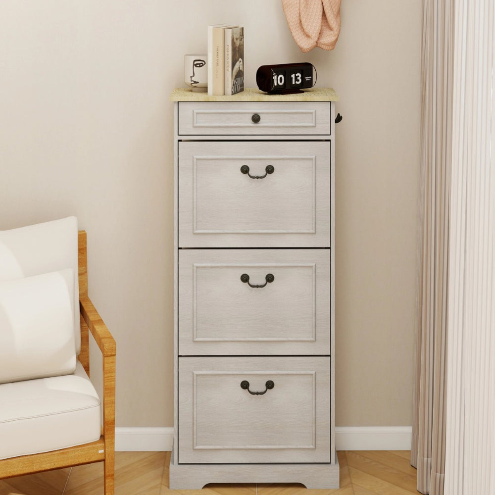 English Elm Shoe Storage Cabinet - Slim Freestanding Organizer With 1 Drawer, 3 Flip Drawers & Adjustable Shelf W1120P290634-GIGA