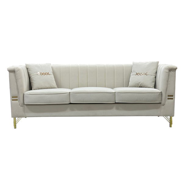 English Elm Fx-P82-Be3 - Luxurious Beige Velvet Chesterfield 3-Seater Sofa With 2 Pillows For Modern Living Spaces W576S00220