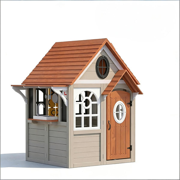 English Elm Comfortable Solid Fir Wood Outdoor Playhouse with Stove Blackboard and Doorbell T3971P491789