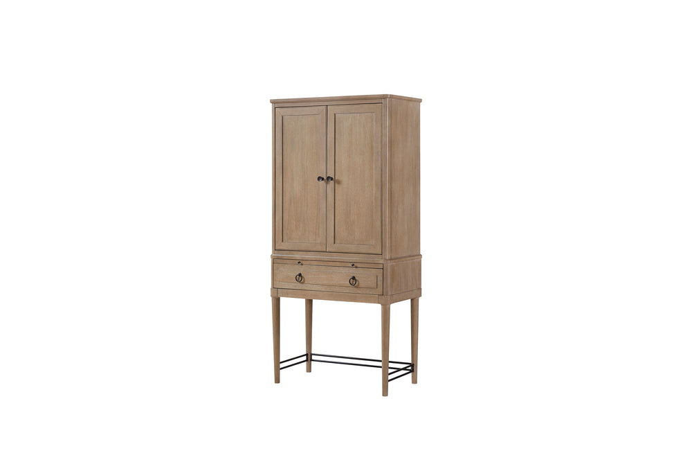 English Elm Bar Cabinet Sand Finish Solid Wood & MDF Wine Storage with Glass Holder, Pull-Out Tray, Drawers B2699P224827
