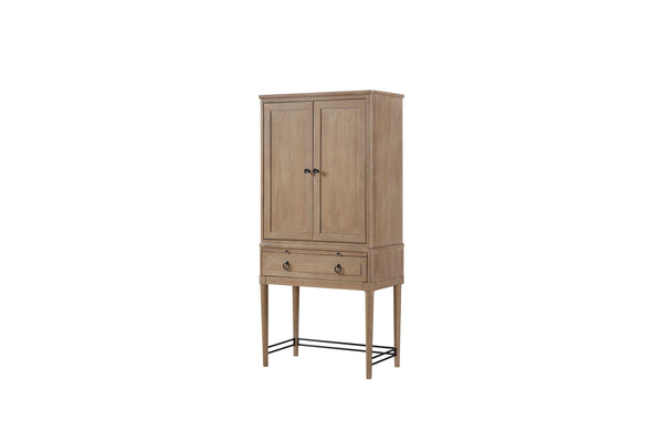 English Elm Bar Cabinet Sand Finish Solid Wood & MDF Wine Storage with Glass Holder, Pull-Out Tray, Drawers B2699P224827