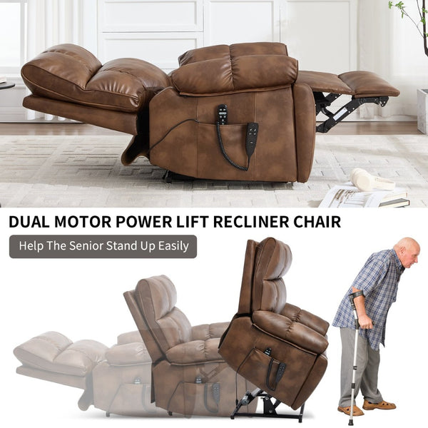 English Elm Brown Leatheraire Power Lift Recliner Dual Motor Massage Heat Heavy Duty 350 Lb W1803P340282