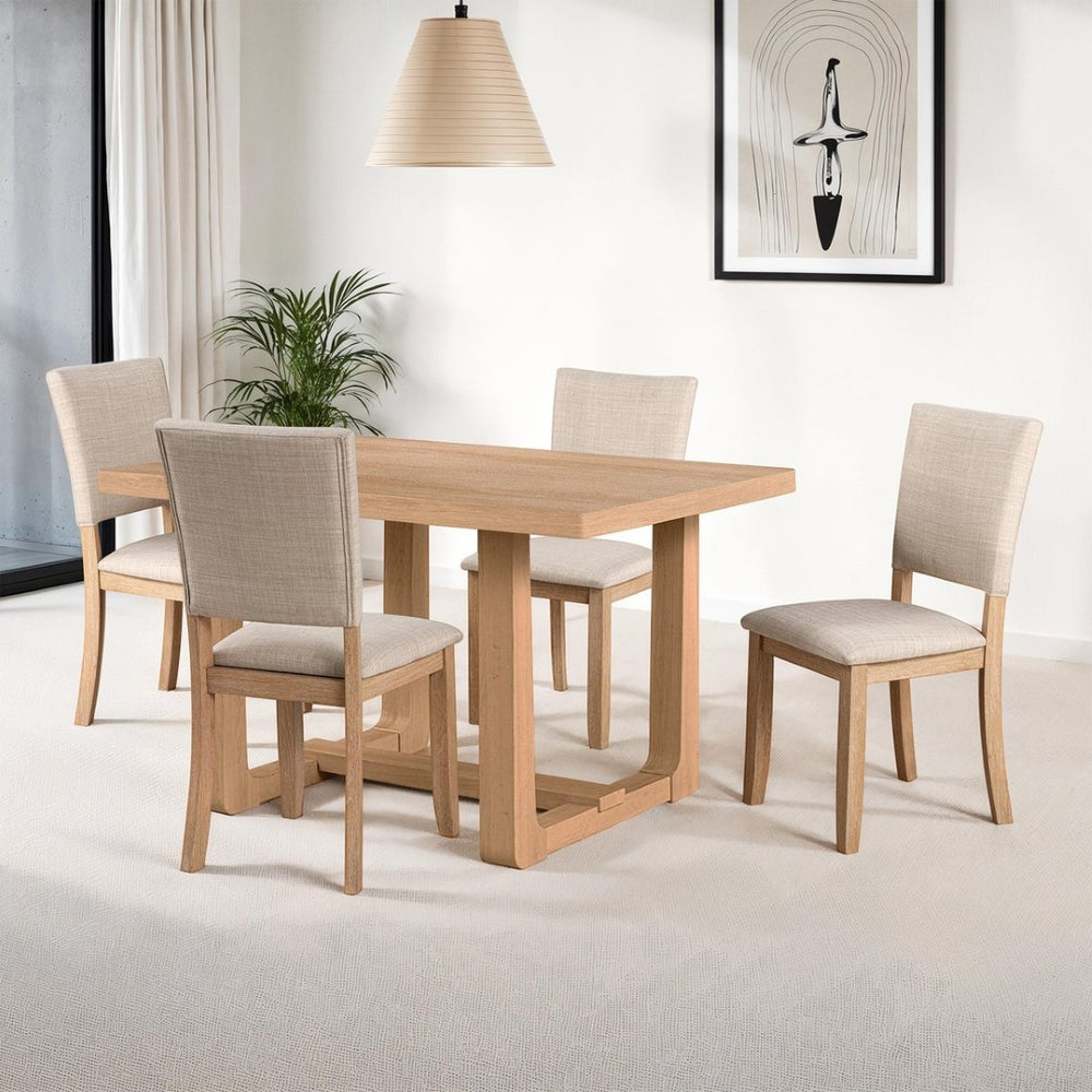 English Elm Transitional Trestle Base Dining Set with Upholstered Chairs for Modern Farmhouse Rooms Natural B2741S00785