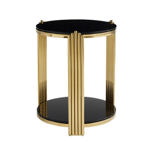 English Elm 16.9inch Round End Table Dual Tier Black Tempered Glass Gold Steel Frame Modern Accent W3357P395504