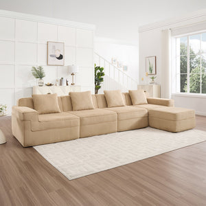 English Elm Modular 4-Seat L-Shaped Sectional Sofa - Plush Corduroy Couch With Movable Ottoman & Pillows W3041S00321