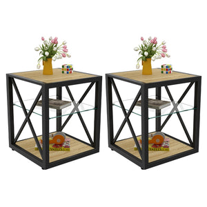 English Elm Set Of 2 Industrial Modern End Tables With Tempered Glass & Wood Top – Stylish Nightstands For Any Space W241P246917-GIGA