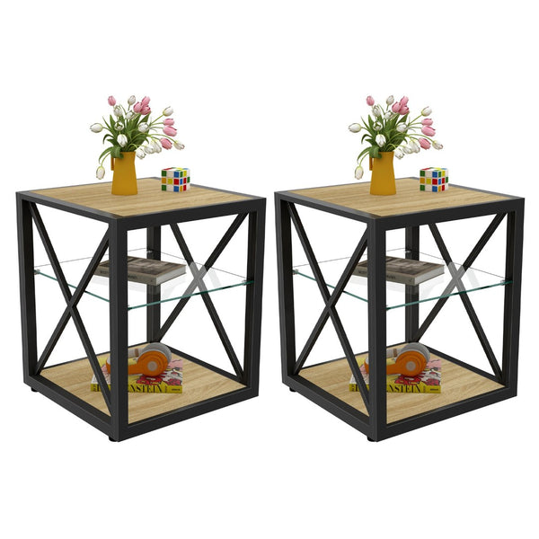English Elm Set Of 2 Industrial Modern End Tables With Tempered Glass & Wood Top – Stylish Nightstands For Any Space W241P246917-GIGA