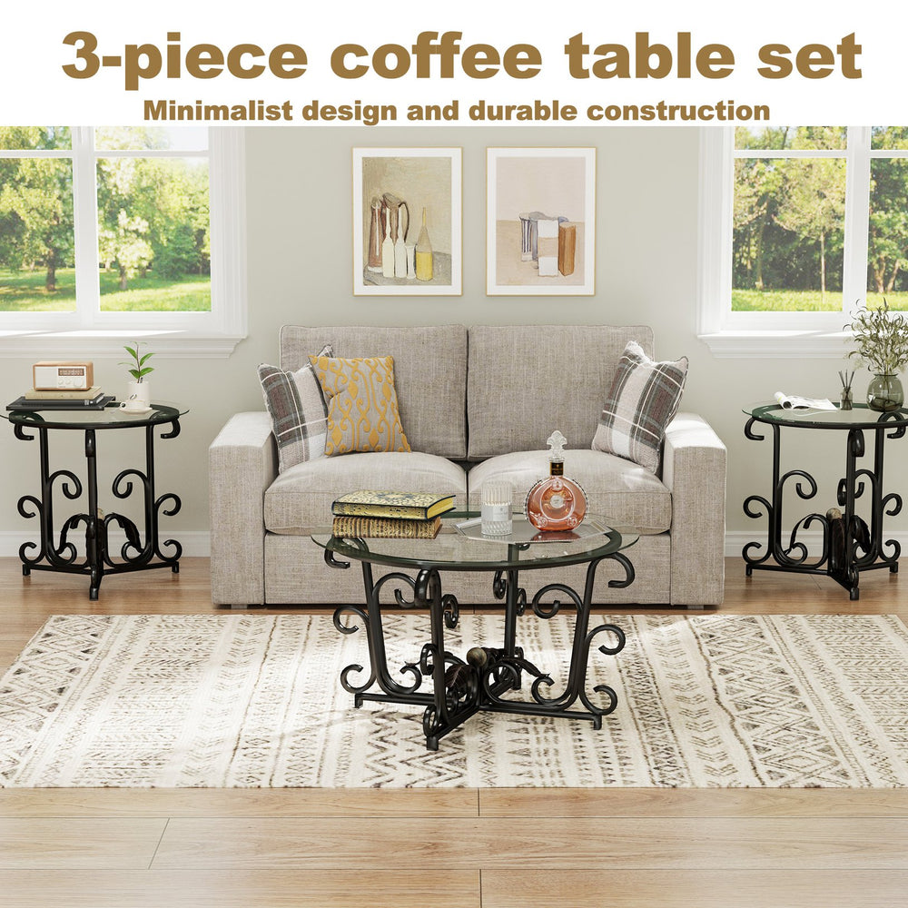 English Elm 3-Piece Glass Coffee Table Set with Tempered Tops, Black Metal Frame, Nesting Space-Saving Design W2735P332167
