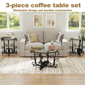English Elm 3-Piece Glass Coffee Table Set with Tempered Tops, Black Metal Frame, Nesting Space-Saving Design W2735P332167