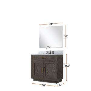 English Elm Brown Oak Single Bath Vanity Set With Carrara Marble Top, Chrome Faucet & 34" Frameless Mirror Included B2731S01952