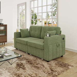 English Elm Sofas for Living Room Chenille Three Seat Couch with Usb Charging Storage and Cup Holder Olive W395S00146