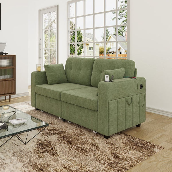 English Elm Sofas for Living Room Chenille Three Seat Couch with Usb Charging Storage and Cup Holder Olive W395S00146