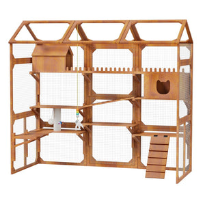 English Elm Large Pine Wood Catio Outdoor Cat Enclosure with Wire Mesh and Dual Plant Stands Brown N704G201617P