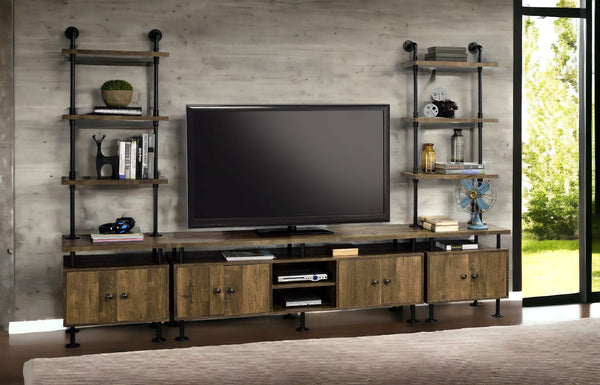 English Elm Ensata Rustic Oak TV Stand with Black Metal Frame, Water Pipe Style, 4 Open + 4 Door Storage, 60" B2726P278165
