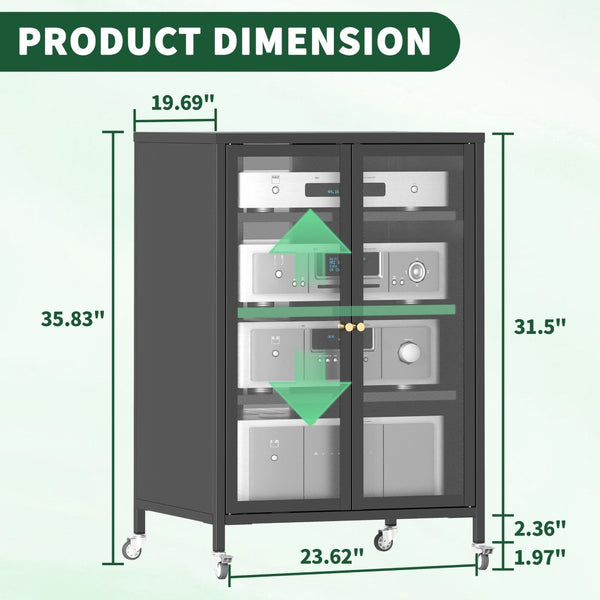 English Elm 35.8" Steel Media Cabinet with Tempered Glass Doors and Locking Wheels for Living Room T2398P413024