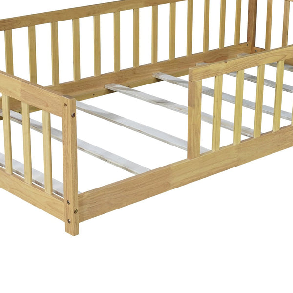 English Elm Twin Size Rubberwood Floor Bed with Safety Fence for Toddler Rooms Natural Finish W504P370528