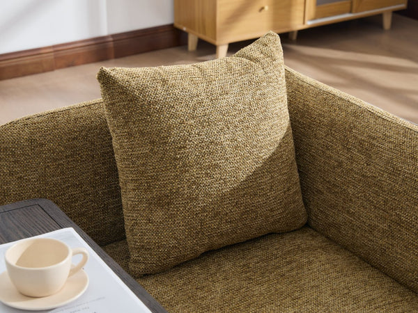 English Elm Leisure Linen Accent Chair with Built-in Side Table Pockets and Lumbar Pillow Modern Yellow W395P453313