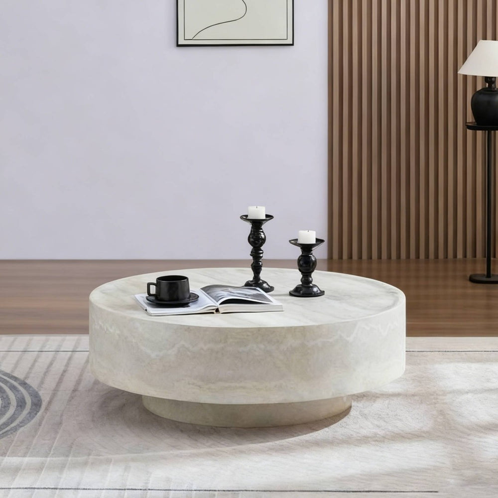 English Elm Round Fiberglass Coffee Table Sculptural Minimalist Design for Modern Living Rooms W2085P374193
