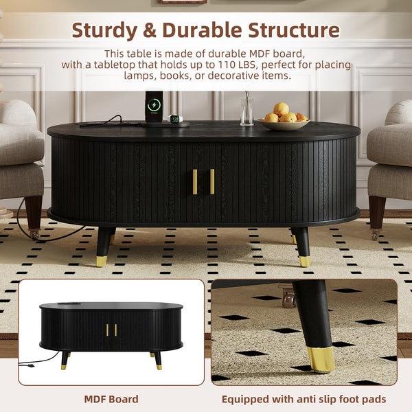 English Elm [Assembly Fluted Tambour Coffee Table with 360° Sliding Door, Built-In Charging Station & Mid-Century Flair Black N721P297572B
