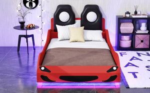 English Elm Wood Twin Race Car Platform Bed with LED Lighting, Upholstered Headrest, Sturdy Pine Build Red GX002218AAR