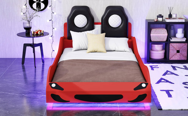 English Elm Wood Twin Race Car Platform Bed with LED Lighting, Upholstered Headrest, Sturdy Pine Build Red GX002218AAR
